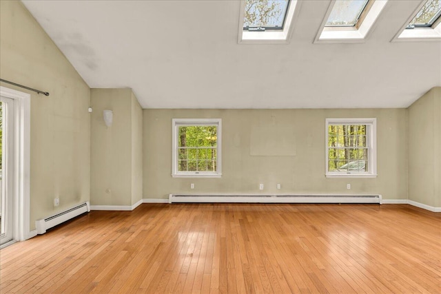 17 Fenton Way, Bangor, ME 04401 - empty room with baseboard heating, hardwood / wood-style flooring, a skylight, vaulted ceiling, and a baseboard heating unit