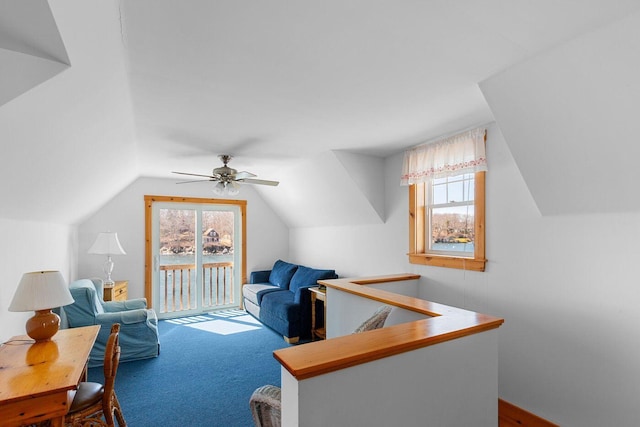 147 State Route 32, Bristol, ME 04554 - living area with plenty of natural light, vaulted ceiling, carpet, and ceiling fan