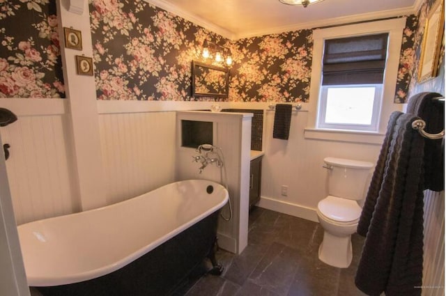 60 St John Rd, Fort Kent, ME 04743 - bathroom featuring a wainscoted wall, wallpapered walls, a soaking tub, vanity, and marble look tile flooring