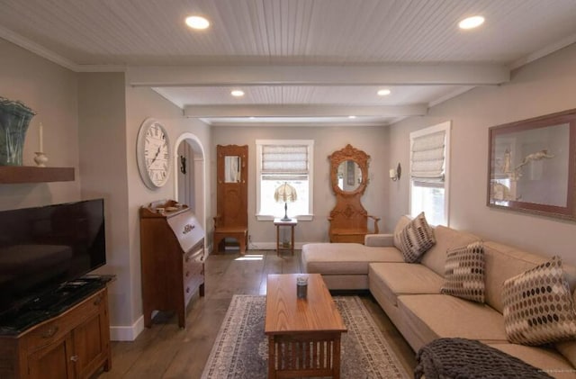 60 St John Rd, Fort Kent, ME 04743 - living area with wood finished floors, recessed lighting, healthy amount of natural light, arched walkways, and baseboards