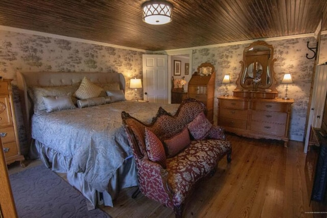 60 St John Rd, Fort Kent, ME 04743 - bedroom featuring wallpapered walls, hardwood / wood-style flooring, crown molding, and wooden ceiling