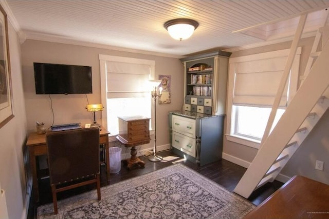60 St John Rd, Fort Kent, ME 04743 - office area with dark wood-type flooring, ornamental molding, and baseboards