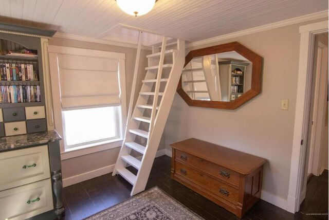 60 St John Rd, Fort Kent, ME 04743 - staircase with wood finished floors, baseboards, and crown molding