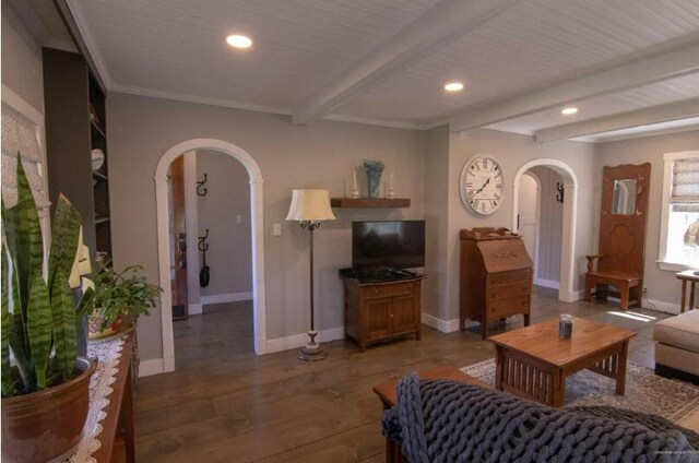 60 St John Rd, Fort Kent, ME 04743 - living room with arched walkways, baseboards, beam ceiling, recessed lighting, and light wood-style floors