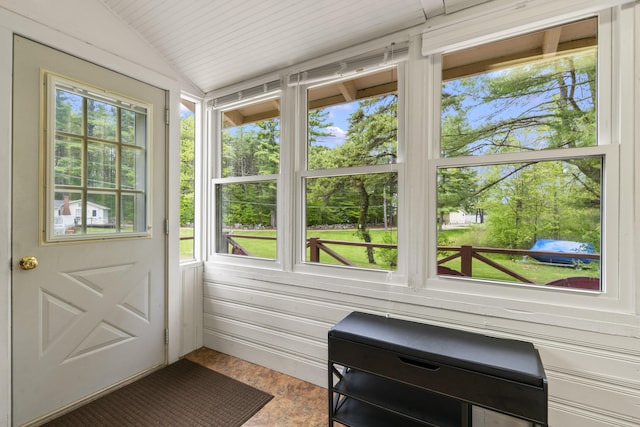 19 Pond View Way, Casco, ME 04015 - doorway to outside featuring lofted ceiling, healthy amount of natural light, and wood ceiling