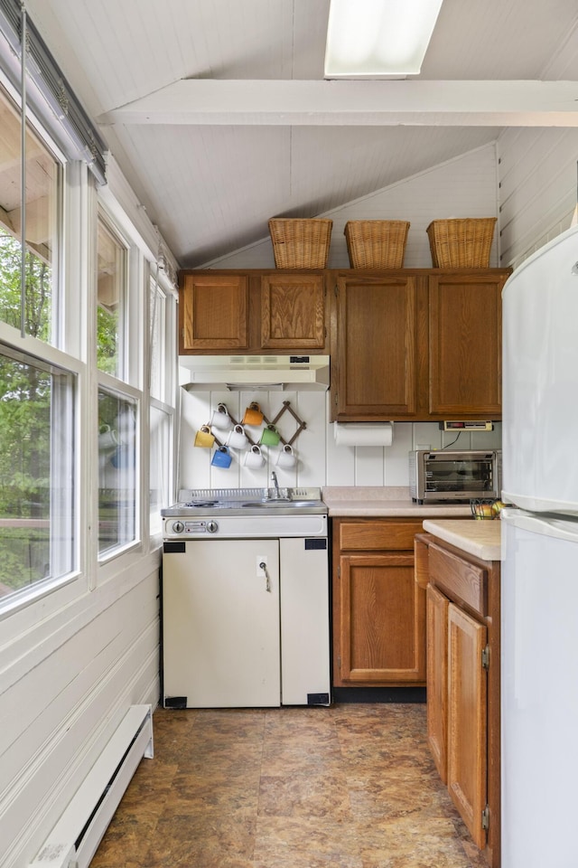 19 Pond View Way, Casco, ME 04015 - kitchen featuring freestanding refrigerator, a baseboard radiator, under cabinet range hood, light countertops, and brown cabinetry