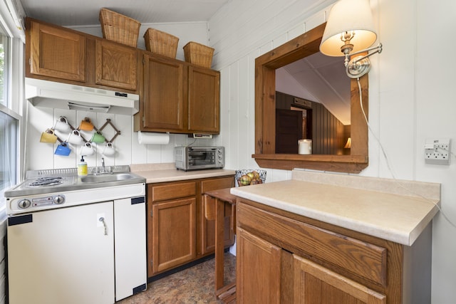 19 Pond View Way, Casco, ME 04015 - kitchen featuring under cabinet range hood, brown cabinetry, and light countertops