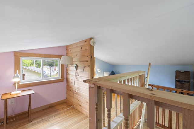 19 Pond View Way, Casco, ME 04015 - stairway with lofted ceiling, wood finished floors, and baseboards