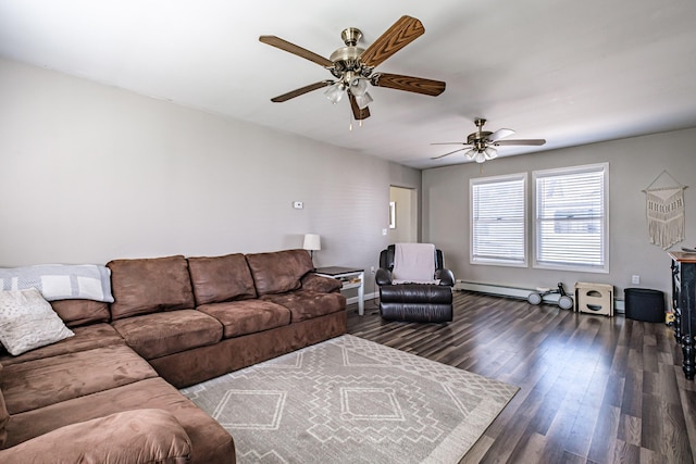 living area with a ceiling fan, wood finished floors, a baseboard radiator, and baseboards