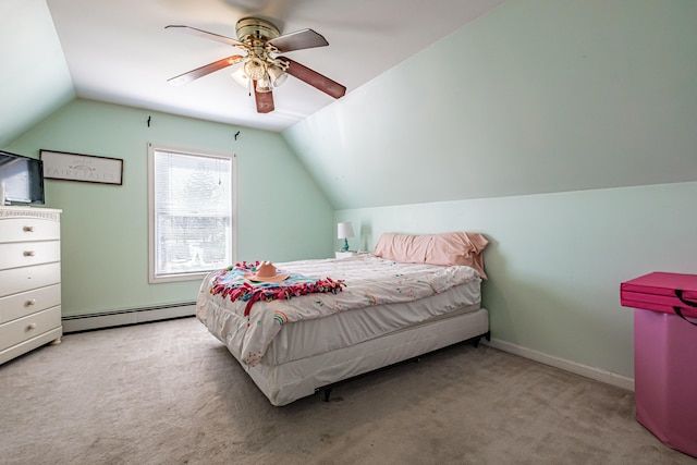 bedroom featuring a baseboard radiator, vaulted ceiling, carpet floors, and ceiling fan