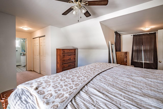 bedroom featuring a closet, ceiling fan, and baseboard heating
