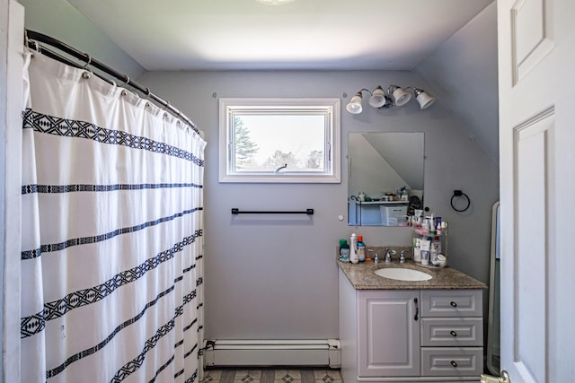 full bathroom featuring baseboard heating, vanity, lofted ceiling, and curtained shower