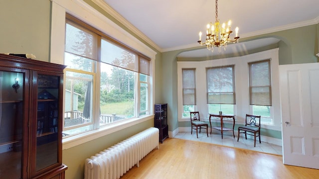 living area featuring wood finished floors, a chandelier, baseboards, and radiator