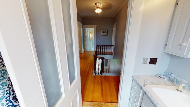 bathroom with wood finished floors, ornamental molding, and vanity