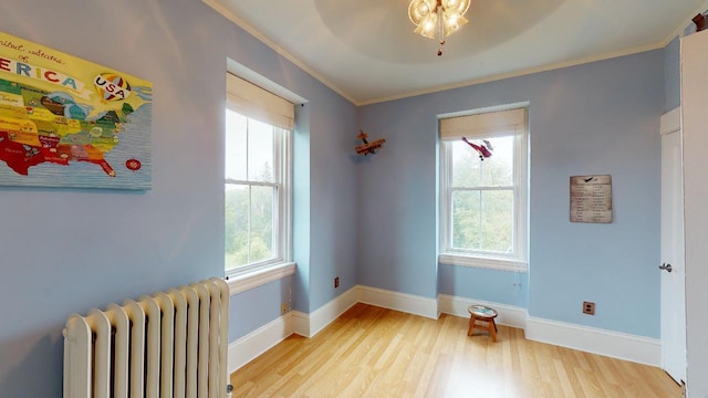 unfurnished room featuring radiator, light wood finished floors, and a healthy amount of sunlight