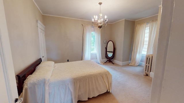 bedroom featuring crown molding, light colored carpet, baseboards, an inviting chandelier, and radiator
