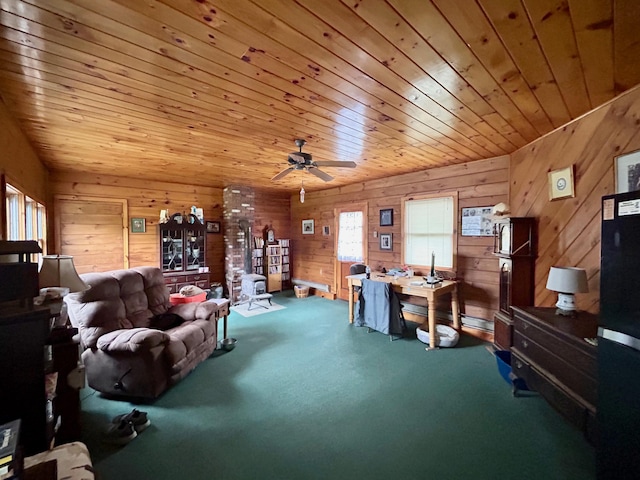 living area with wooden walls, carpet, and wood ceiling