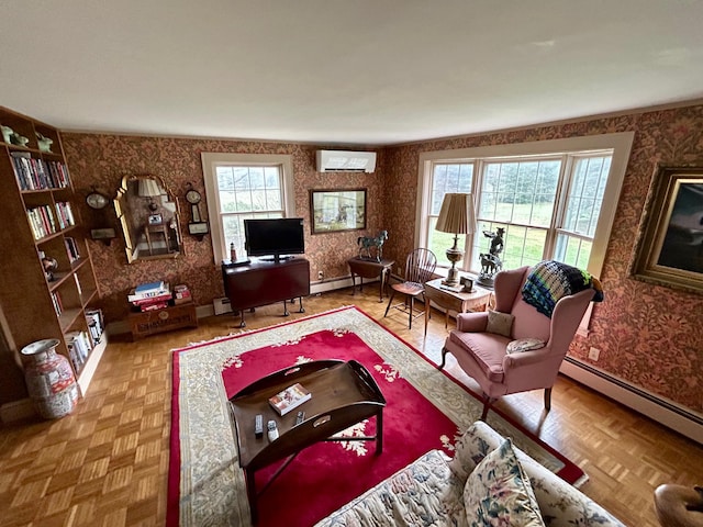 living room with baseboards, wallpapered walls, a wall unit AC, and a baseboard radiator