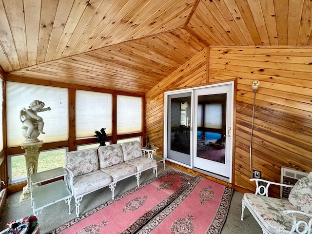 living room featuring wooden ceiling, french doors, wood walls, and lofted ceiling