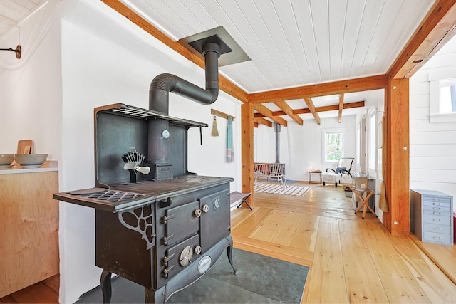 566 River Rd, Dresden, ME 04342 - hall featuring beamed ceiling and light wood-style floors