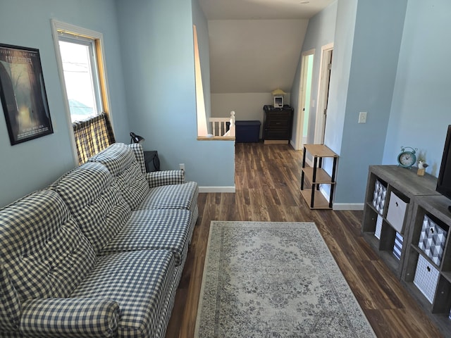 10 Middle St, Lisbon, ME 04252 - living area featuring baseboards, wood finished floors, and vaulted ceiling