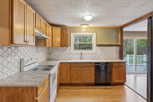 61 Westmore Ave, Biddeford, ME 04005 - kitchen featuring dishwasher, white electric stove, a sink, under cabinet range hood, and plenty of natural light