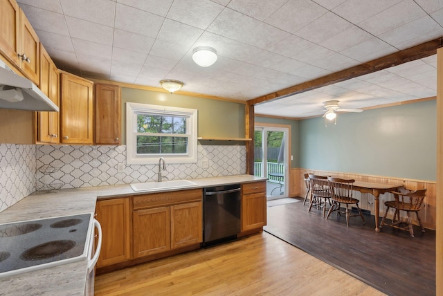 61 Westmore Ave, Biddeford, ME 04005 - kitchen featuring dishwasher, a sink, white stove, plenty of natural light, and wainscoting
