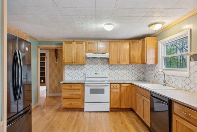 61 Westmore Ave, Biddeford, ME 04005 - kitchen featuring black appliances, under cabinet range hood, a sink, light wood-style floors, and crown molding