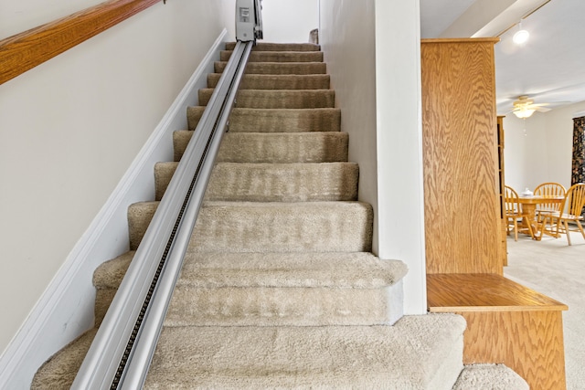 stairway with rail lighting, carpet flooring, and a ceiling fan