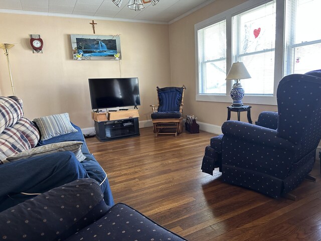 living area with baseboards, ornamental molding, and wood finished floors
