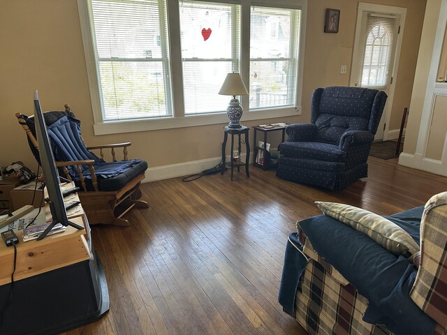 living area featuring baseboards, plenty of natural light, and hardwood / wood-style flooring