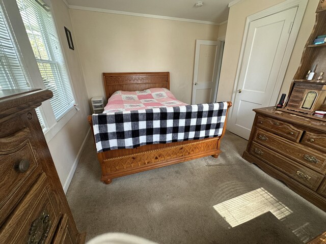 carpeted bedroom featuring baseboards and ornamental molding