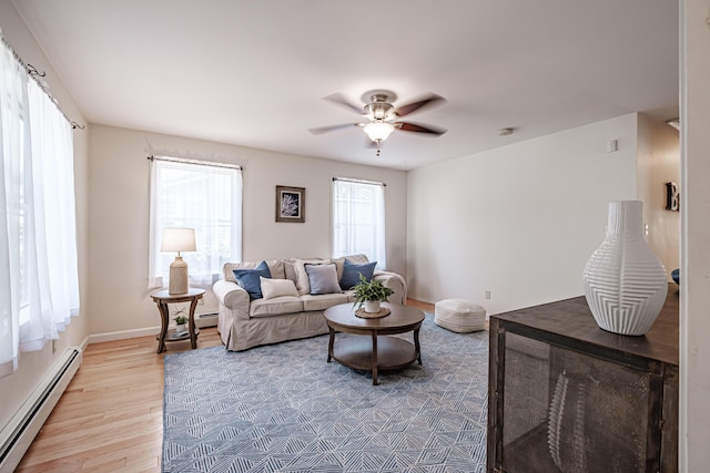 living room with light wood-style floors, baseboards, ceiling fan, and a baseboard heating unit