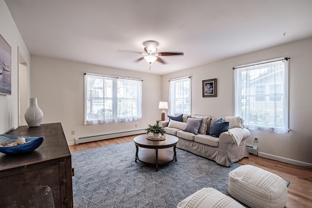living area with a baseboard radiator, a ceiling fan, and dark wood finished floors