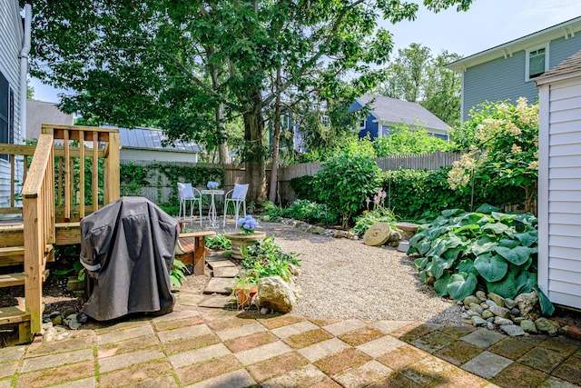 view of patio featuring a fenced backyard, outdoor dining space, and grilling area