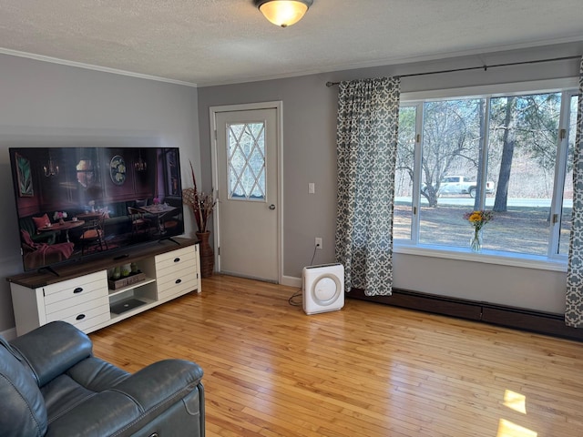 living area featuring crown molding, light wood finished floors, a textured ceiling, and a wealth of natural light
