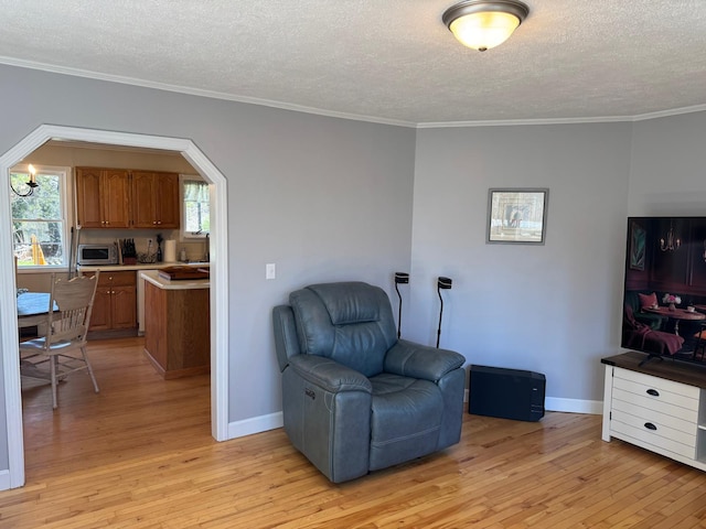 sitting room with baseboards, ornamental molding, a textured ceiling, and light wood-style flooring