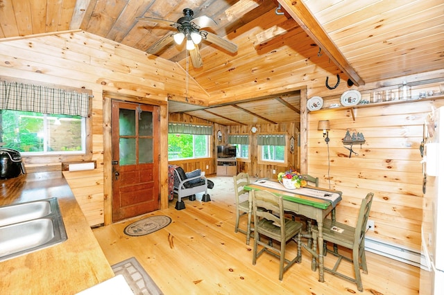 dining area with a ceiling fan, vaulted ceiling, wooden ceiling, wood-type flooring, and wooden walls