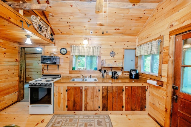 kitchen featuring black microwave, light wood-style floors, wood ceiling, a sink, and white electric stove