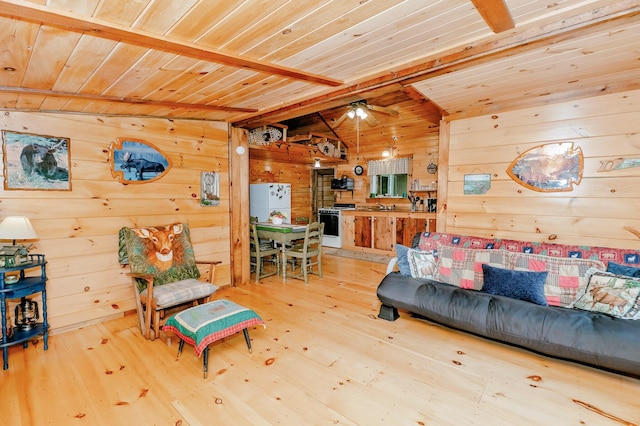 living area featuring wooden walls, wooden ceiling, a ceiling fan, and wood finished floors