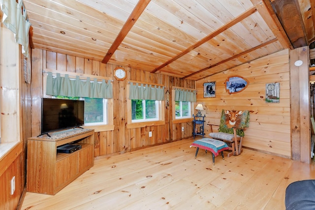 sitting room featuring wooden walls, wood ceiling, vaulted ceiling with beams, and light wood-style floors