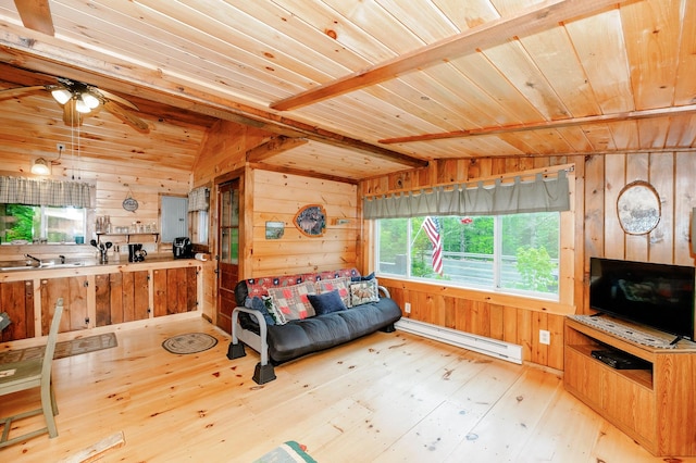 living area featuring wooden walls, wood ceiling, and a baseboard radiator