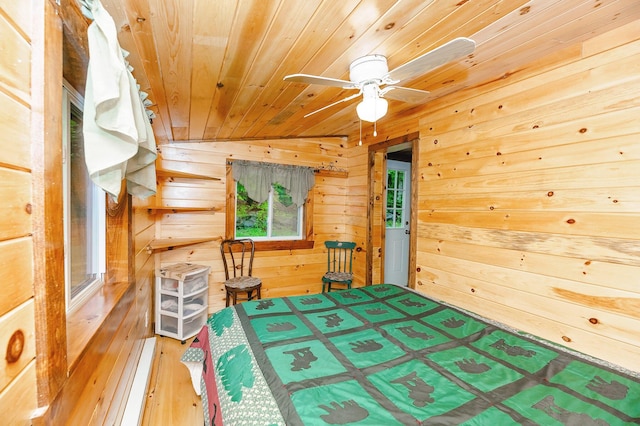 bedroom featuring wood ceiling, wooden walls, and hardwood / wood-style floors