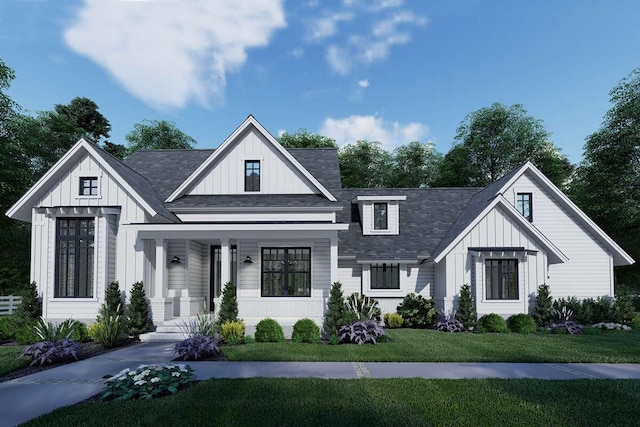 LOT1 Roxmont Rd, Rockport, ME 04856 - modern farmhouse with board and batten siding, a front yard, a porch, and roof with shingles