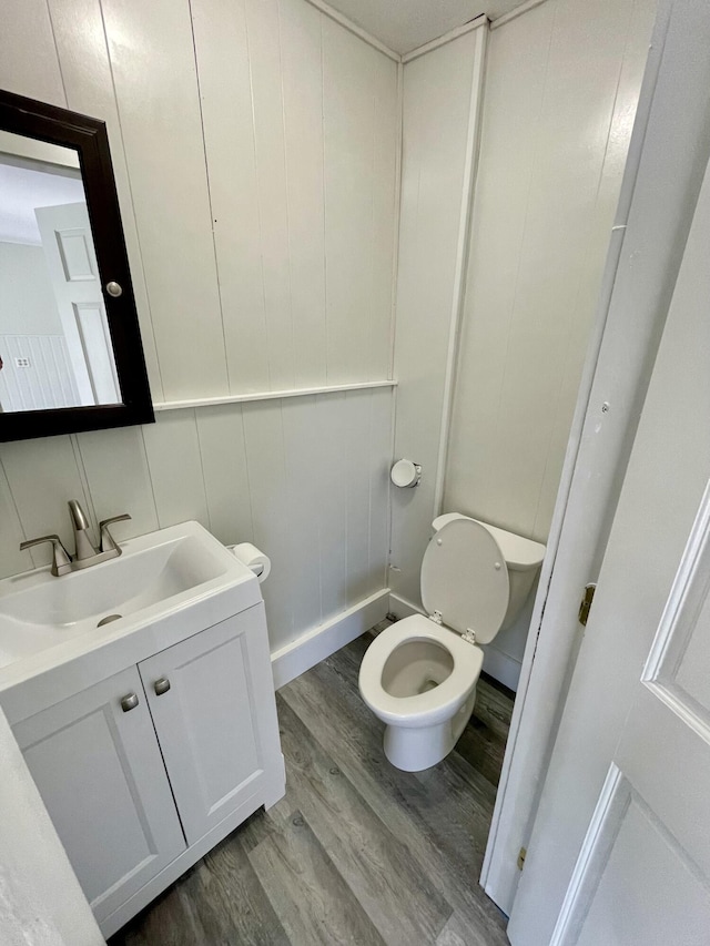 bathroom with wood finished floors, toilet, a decorative wall, and vanity