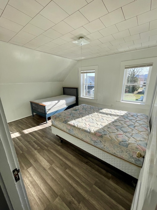 bedroom featuring wood finished floors and vaulted ceiling