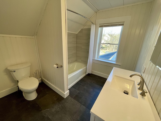 full bath featuring lofted ceiling, toilet, shower / bath combination, wood finished floors, and vanity
