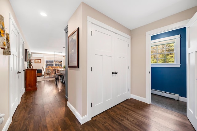 35 Graystone Dr, Hampden, ME 04444 - corridor with recessed lighting, baseboards, a baseboard heating unit, and dark wood finished floors