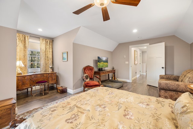 35 Graystone Dr, Hampden, ME 04444 - bedroom featuring baseboards, a ceiling fan, wood finished floors, and vaulted ceiling