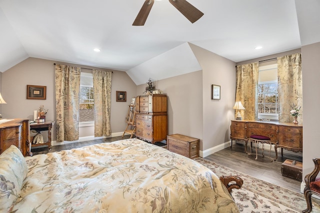 35 Graystone Dr, Hampden, ME 04444 - bedroom featuring ceiling fan, vaulted ceiling, wood finished floors, baseboards, and recessed lighting